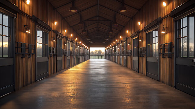 bright modern barn interior with metal stalls and warm lighting