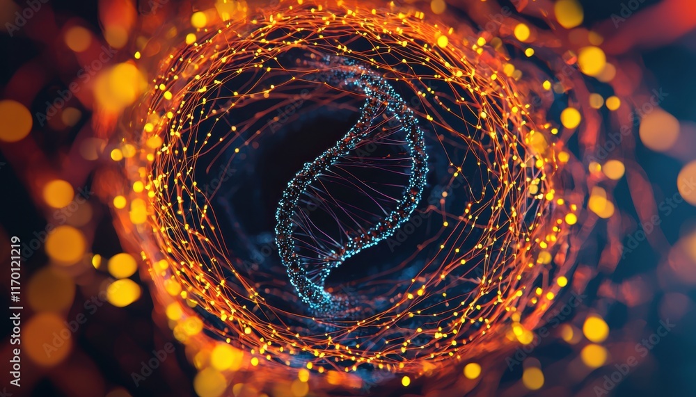 Poster abstract visualization of dna strand with glowing particles background