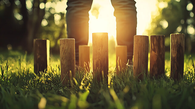 person stands on grass, playing kubb with wooden blocks at sunset
