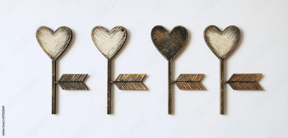 Poster an elegant and minimalistic image of four arrows with heart-shaped ends, placed horizontally across 