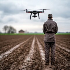Person in Field Coordinates Drone Flight Over Agricultural Land