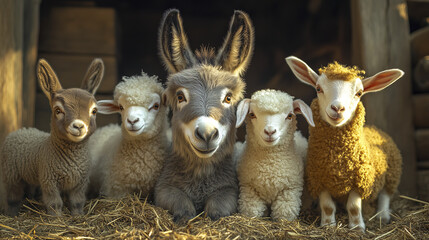 Obraz premium close knit group of animals, including donkey and fluffy sheep, exudes warmth