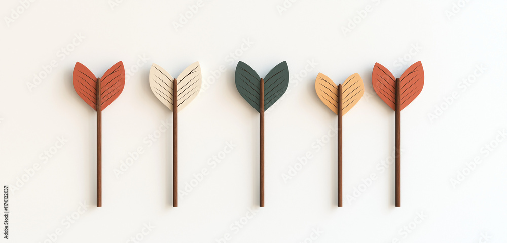 Poster an elegant and minimalistic image of four arrows with heart-shaped ends, placed horizontally across 