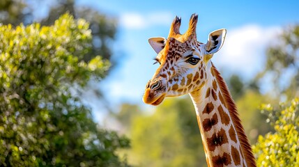 Obraz premium Close-up of a giraffe's head and neck against a blurred background of green foliage under a bright sky.