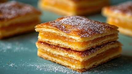 Flaky pastry layered with sweet filling and powdered sugar.