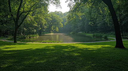 Obraz premium Serene pond in a lush green park bathed in morning sunlight.