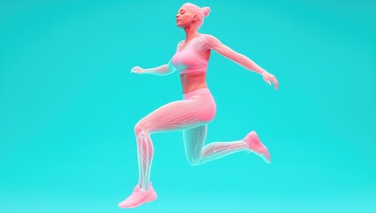 Woman Running with Neon Body Lines and Bright Blue Background