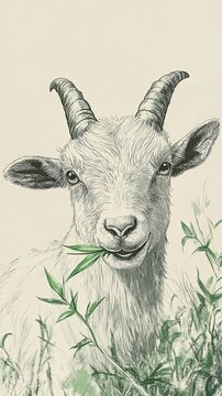 white goat eating grass portrait clip art preview