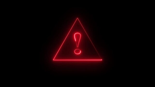 Glowing neon light Exclamation mark in triangle icon isolated on dark background. Neon Hazard warning sign, careful, danger warning 4K animation.