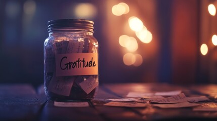 A glass jar labeled "Gratitude" sits on a wooden surface, surrounded by scattered notes and a warm, glowing background.