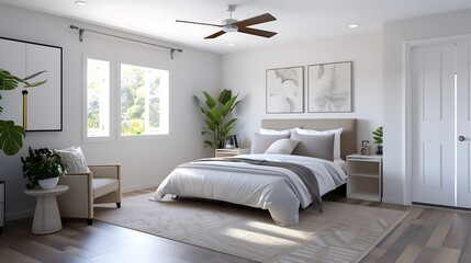 Contemporary studio bedroom interior design with a foldable Murphy bed, multi-purpose furniture, and neutral tones accented by green indoor plants.