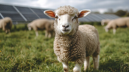 Obraz premium sheep stands curiously in green field near solar panels, showcasing nature harmony