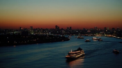 Naklejka premium A panoramic view of Tokyo Bay at sunset, with boats and city lights creating a peaceful scene.