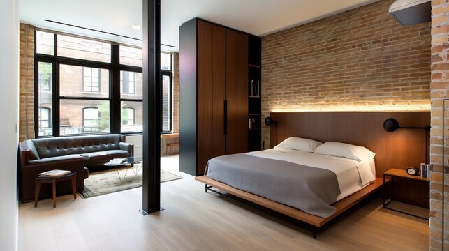 Industrial-style studio bedroom interior design with exposed brick walls, a low-profile bed, and a versatile divider separating the sleeping and living areas. - Powered by Adobe