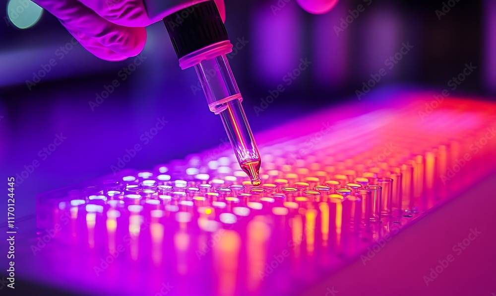Poster scientist using pipette to add liquid into microplate under uv light.