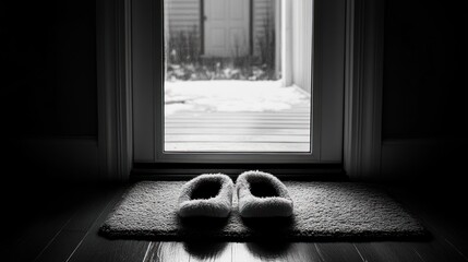 Fluffy slippers on a mat by a doorway leading to a snowy backyard.