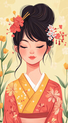 Fototapeta premium Japanese traditional culture geisha beautiful girl wearing kimono yukata illustration background