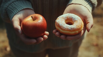 A person holds an apple in one hand and a donut in the other, symbolizing a choice between healthy and indulgent options.