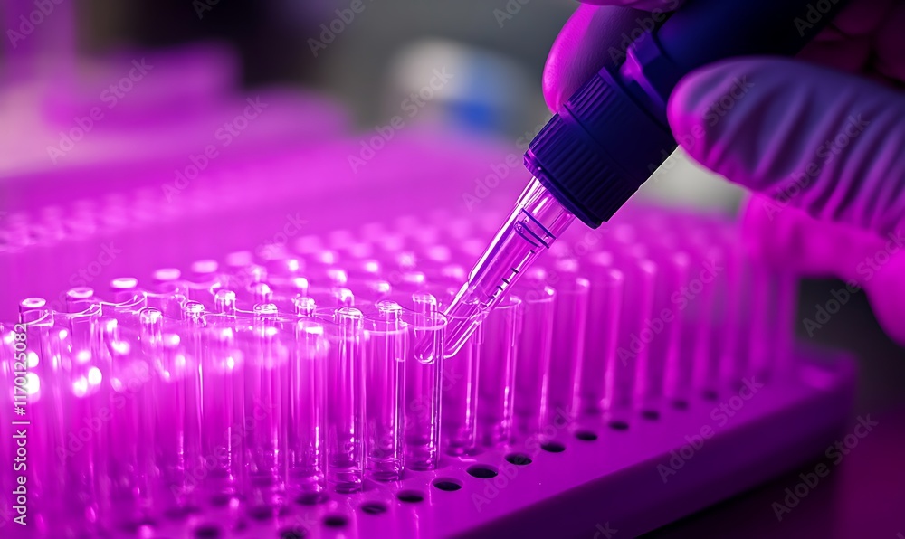 Aufkleber scientist using pipette to fill test tubes in lab.