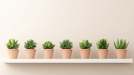 Fototapeta premium A row of Crassula plants in matching pots, arranged neatly on a minimalist white shelf with a neutral wall backdrop.