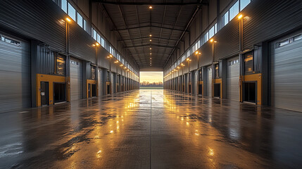 modern, well lit industrial warehouse with reflective floors and large doors