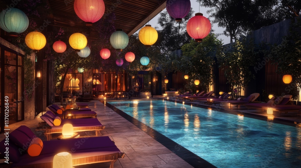Poster a serene poolside setting adorned with colorful lanterns, creating a tranquil ambiance in the evenin