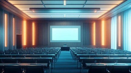 Naklejka premium A modern conference room featuring rows of chairs, a large screen, and ambient lighting, ready for presentations or meetings.
