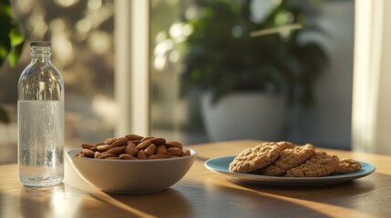 A cozy scene featuring a bowl of almonds and a plate of cookies, accompanied by a glass of water, set against a bright, sunlit background.