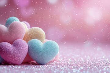 Fototapeta premium Pastel candy hearts on pink glitter, Valentine's Day.