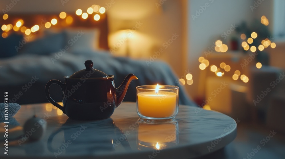 Poster a cozy evening scene featuring a teapot and candle on a table, creating a warm atmosphere.