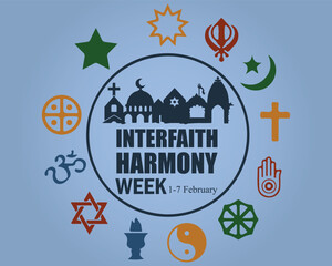 Interfaith Harmony week, February 1-7. Social Media Post, poster, card, banner, background Vector Design Template.