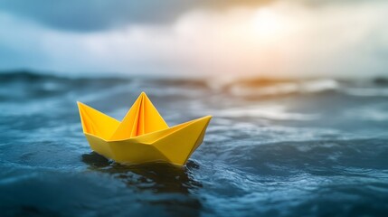 Yellow Paper Boat Sailing on Stormy Sea