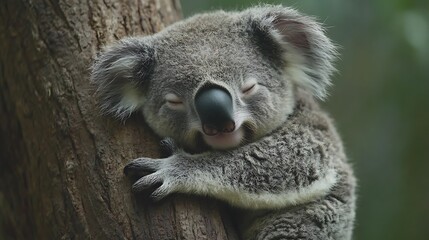 Obraz premium Sleepy koala clinging to a tree trunk.