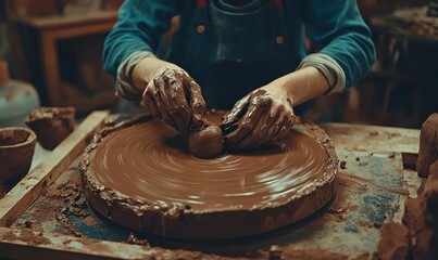 Potter shaping clay on wheel, studio background