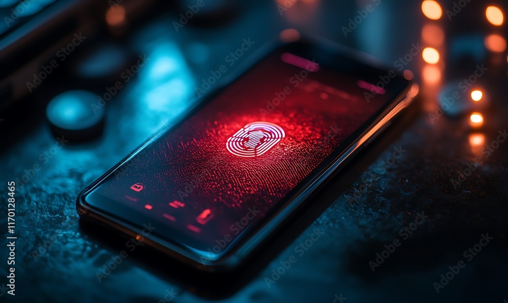 Poster smartphone glows with red fingerprint scan icon on dark surface.