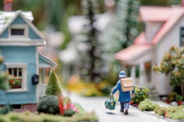 Obraz premium A miniature scene depicting a delivery person walking down a quaint neighborhood street.
