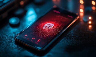 Smartphone glows with red fingerprint scan icon on dark surface.