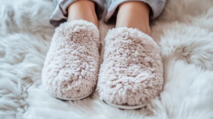 Cozy fluffy slippers on a soft rug.