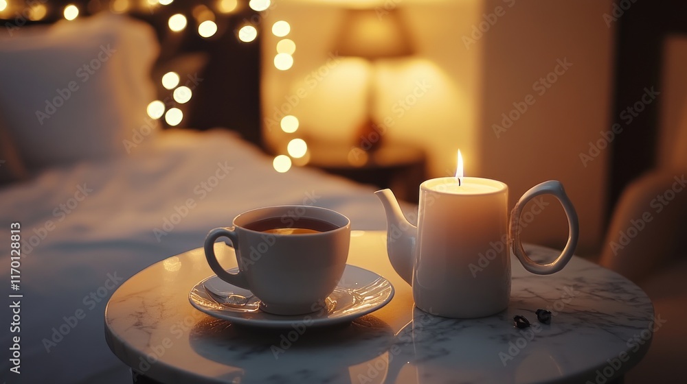Poster a cozy scene featuring a cup of tea and a candle on a bedside table with soft lighting.