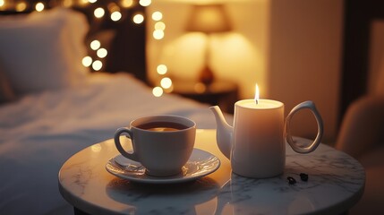 A cozy scene featuring a cup of tea and a candle on a bedside table with soft lighting.