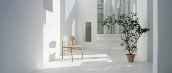 A minimalist interior featuring a wooden chair and a potted plant, illuminated by natural light in a bright, airy space.