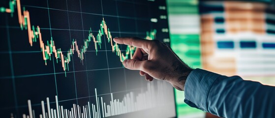 A hand points at a financial graph on a screen, depicting market trends with fluctuating lines and bars.