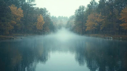 Misty lake with autumn trees reflecting in the calm water.