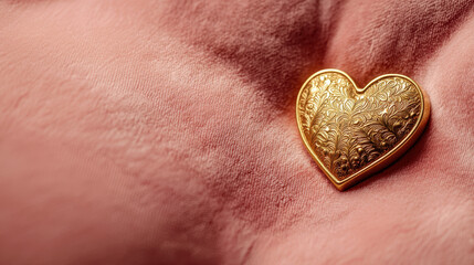 Golden heart shaped key on soft velvet background