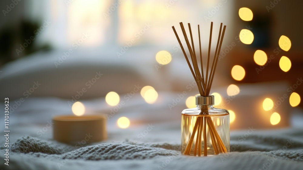 Poster a cozy scene featuring a fragrance diffuser and soft lighting on a bed.