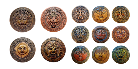 Various Decorative Ancient Medallions with Unique Facial Designs