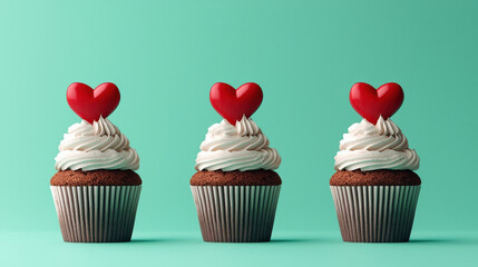 Three cupcakes with heart shaped toppers on green background