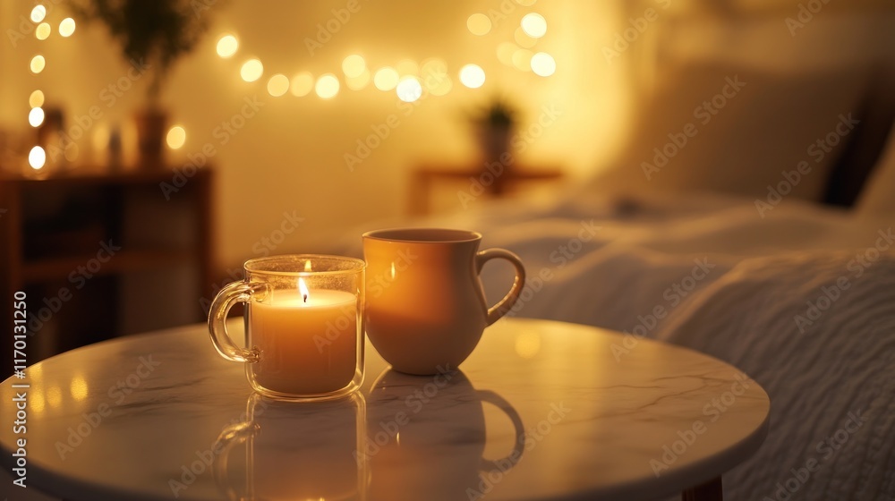 Poster a cozy scene with a candle and a mug on a table, creating a warm ambiance.