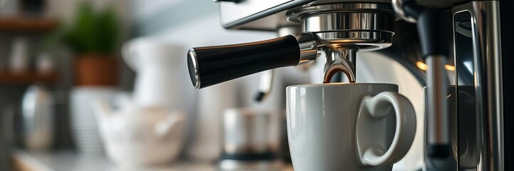 Close up of a black mug resting on an espresso machine, aroma, brewing