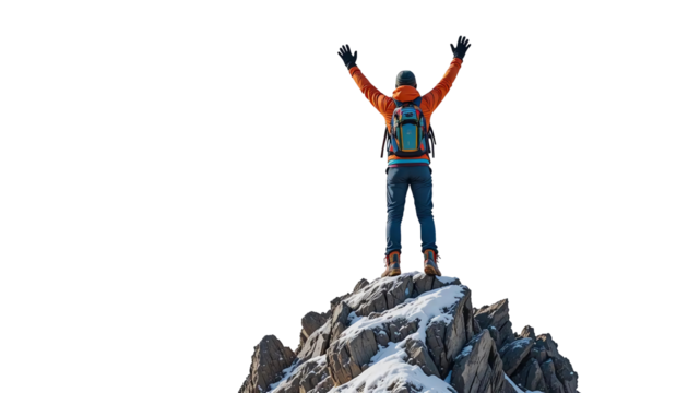 The rear view of a standing traveler, positioned on the top rock of a snowy mountain, with both hands raised high above their head to show a happy and victorious expression. PNG file